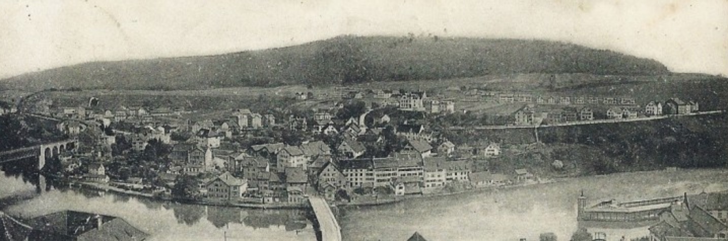 Blick vom Munot auf Feuerthalen 1903. Um 1980 wird dem Erhalt der historischen Substanz von Feuerthalen und Langwiesen grössere Beachtung geschenkt.